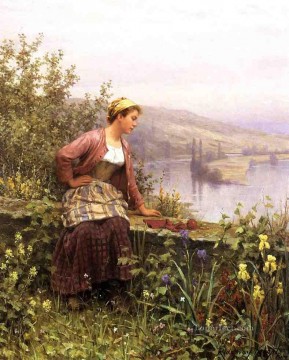 小川を見下ろすブルタニーの少女 同郷の女性 ダニエル・リッジウェイ・ナイト Oil Paintings